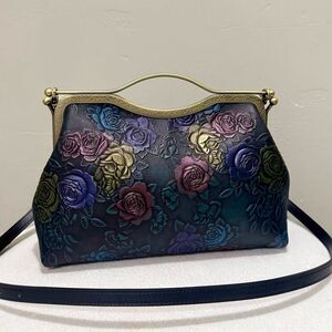 Unique Colorful Rose Embossed Cowhide Handmade  Retro Style Kisslock Handbag